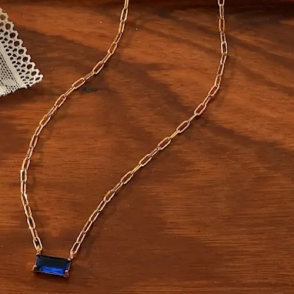 18K GP Long Square Sapphire Gem CZ Charm Gold Modern Statement Necklace - Picture 1 of 1